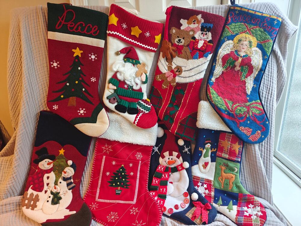 Vintage Christmas Stockings Lot of 8, Santa Snowman Angel Peace Tree